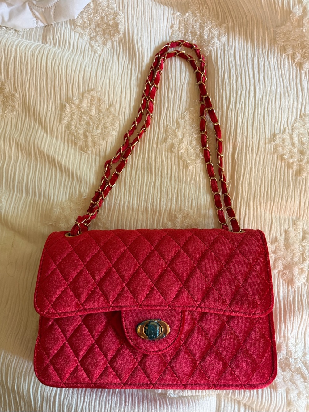 Quilted Red Shoulder Bag with Chain Strap